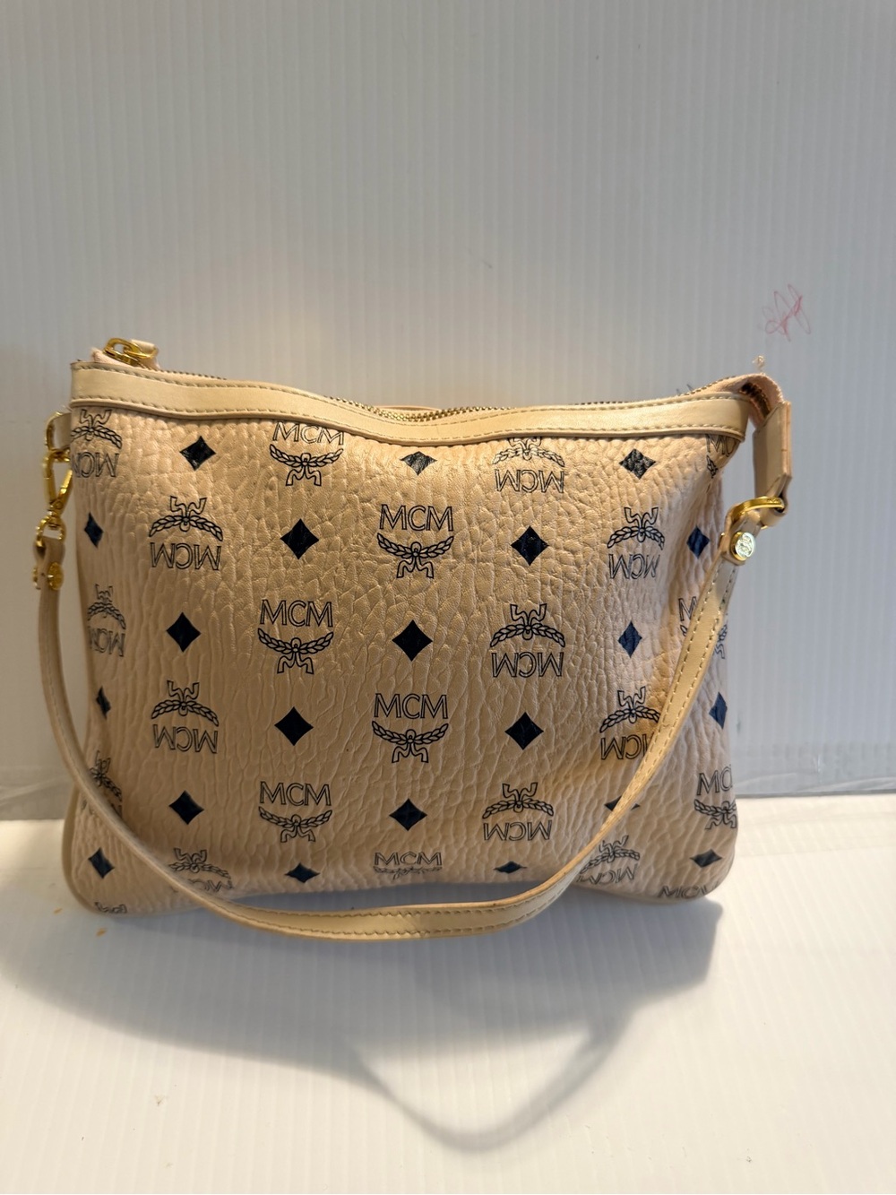MCM Beige Logo Print Crossbody Bag with Gold Hardware - Picture 3 of 6